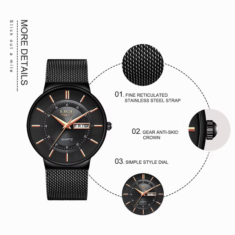 Montre Homme LIGE 2026 – Montre-Bracelet à Quartz Simple et Tendance pour Affaires
