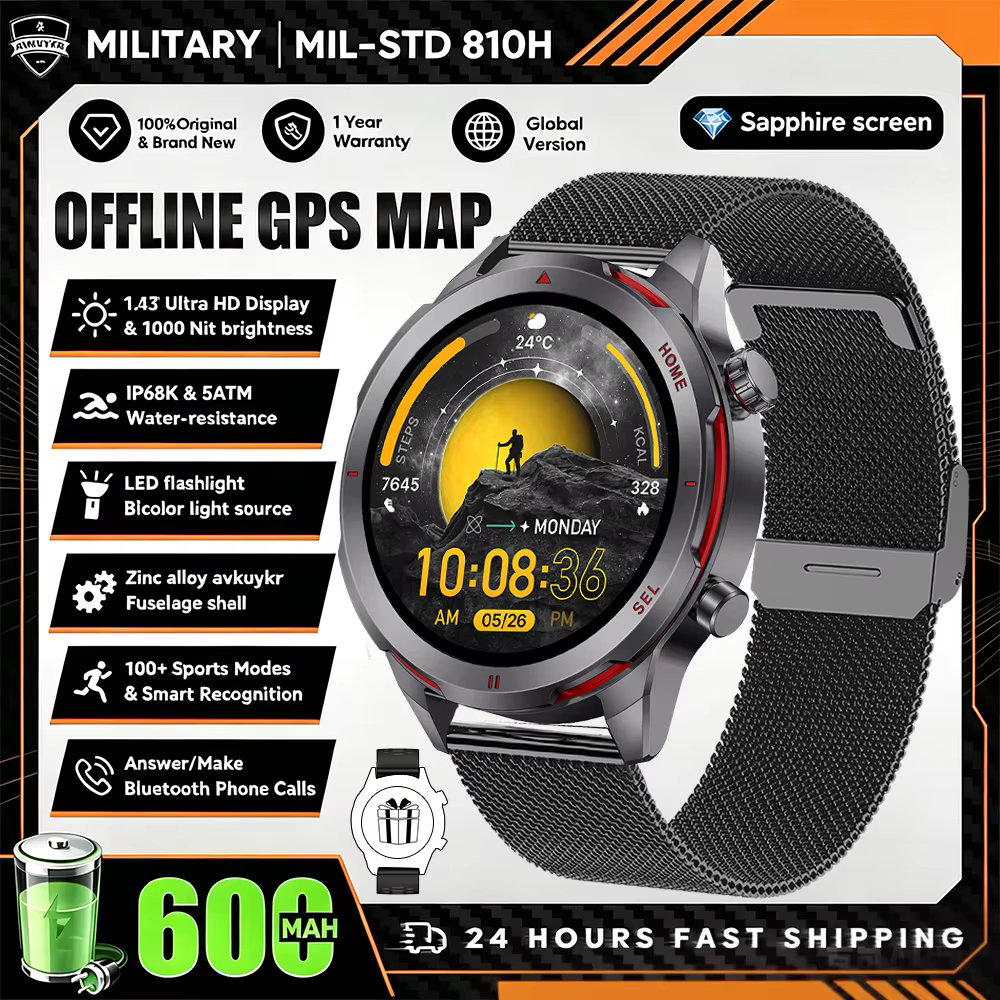 Montre connectée de sport d'extérieur pour homme, nouveau modèle 2026, carte GPS hors ligne, résistance à l'eau 5ATM, grande capacité 600MAH, longue durée de vie de la batterie