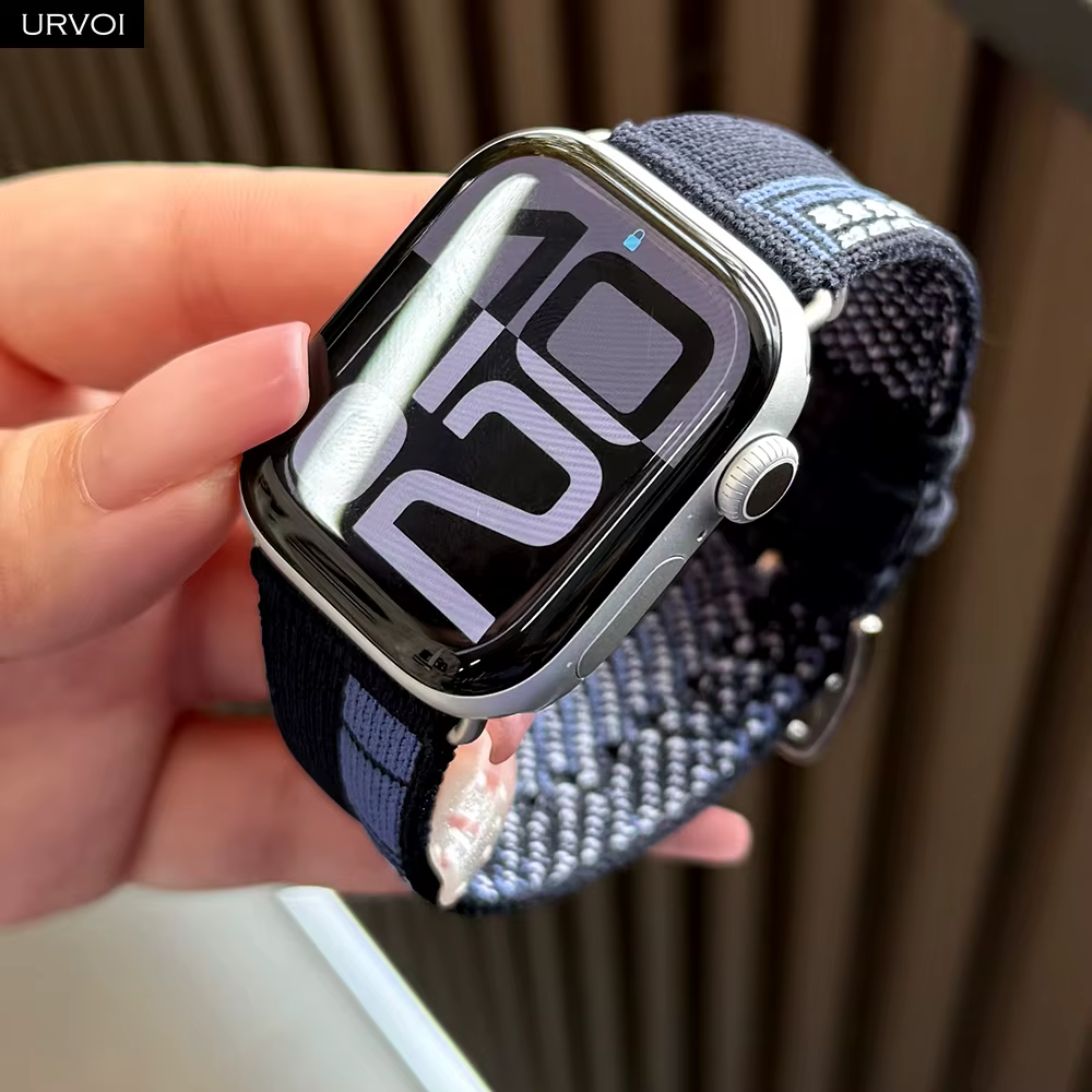 URVOI Faubourg Party Single Tour Band pour Apple Watch Series 11 10 9 SE3 Bleu Nuit bracelet en tricot jacquard durable 46mm