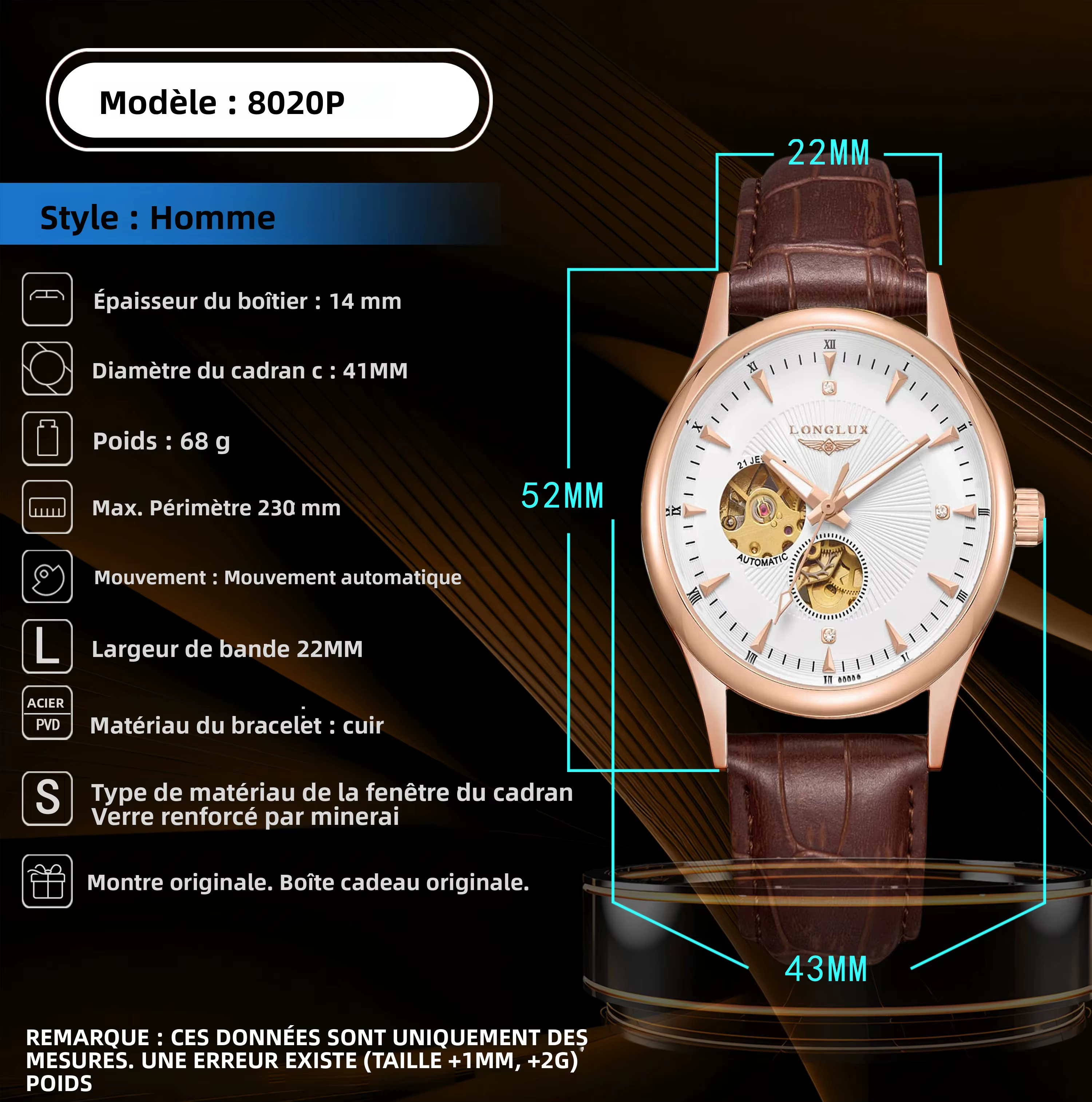 LONGLUX montre automatique style élégant en gros montres mécaniques squelette rome étanche