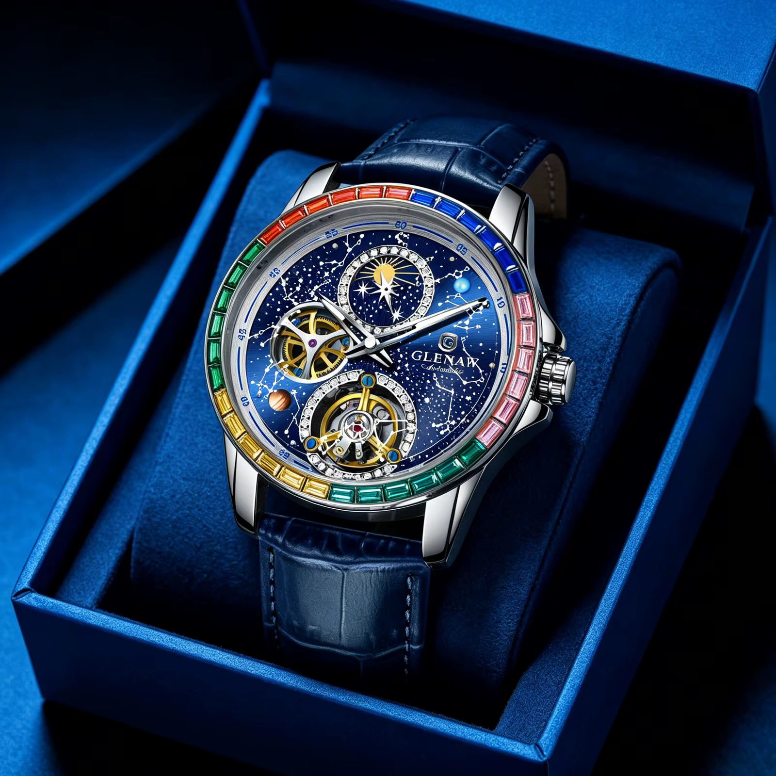 GLENAW 2025 Nouvelle Montre Mécanique Homme Design Cercle Arc-en-ciel Cadran Constellation Lumineux Étanche