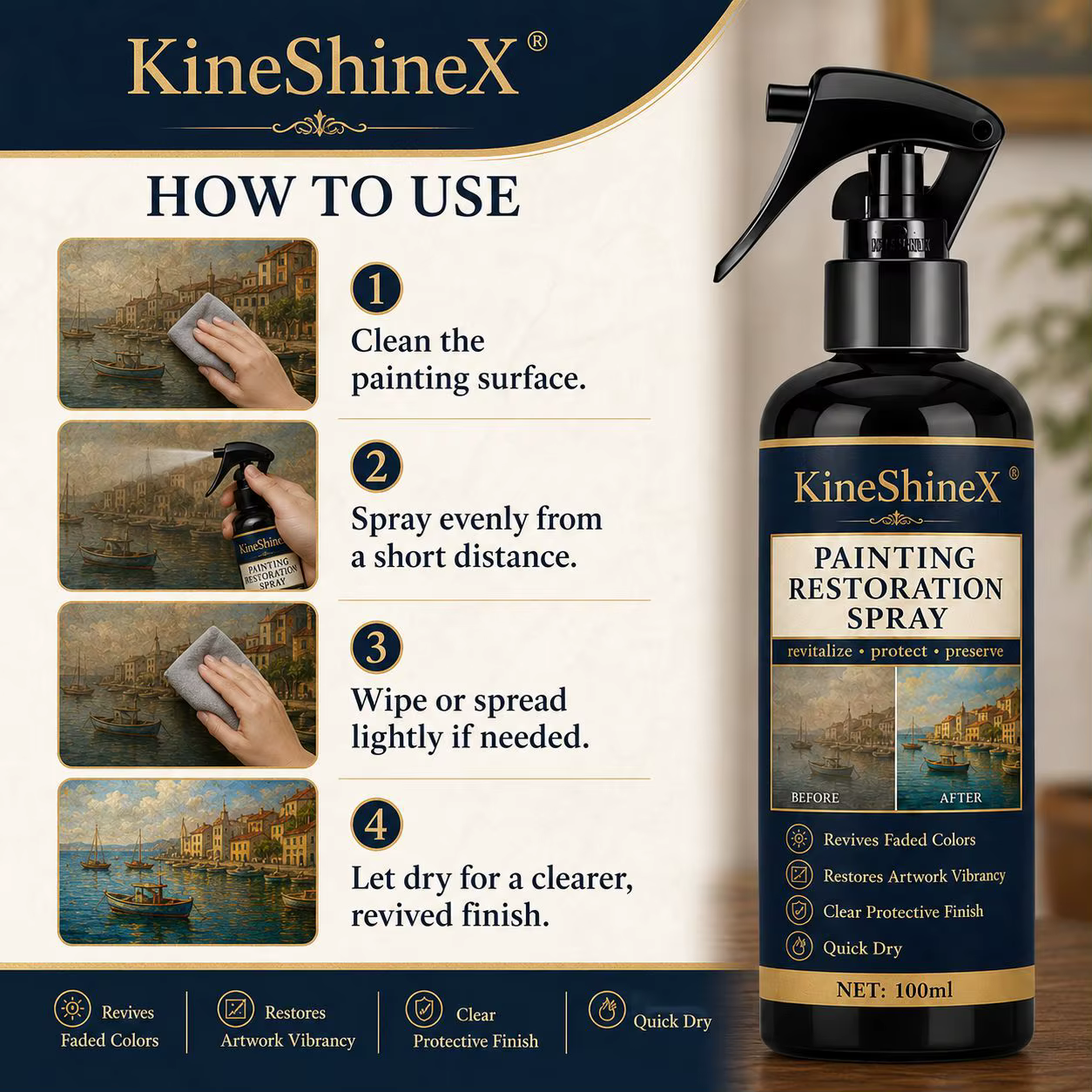 Spray de restauration de peinture 50ml/100ml – Redonne vie aux couleurs ternies et restaure la vitalité des œuvres d'art, séchage rapide pour les peintures à l'huile et les œuvres sur toile