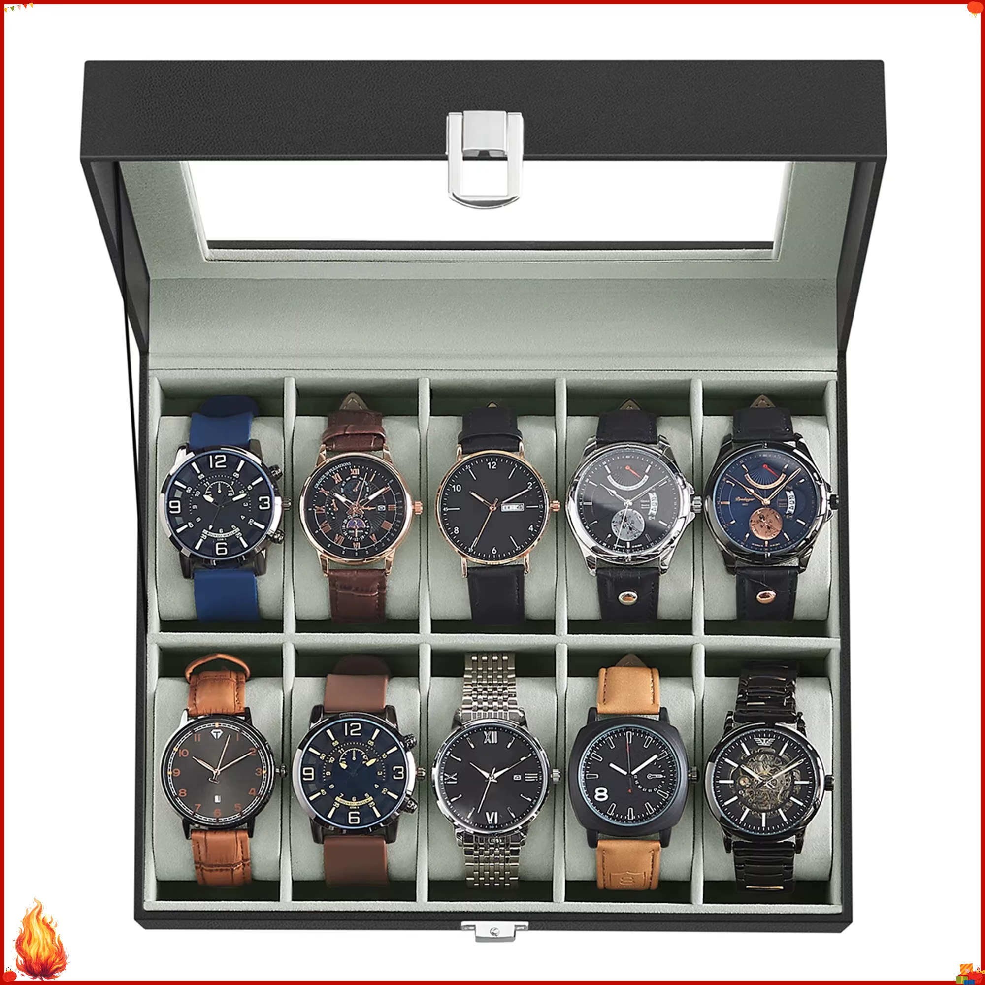Boîte de présentation de montres à 10 compartiments avec couvercle en verre transparent