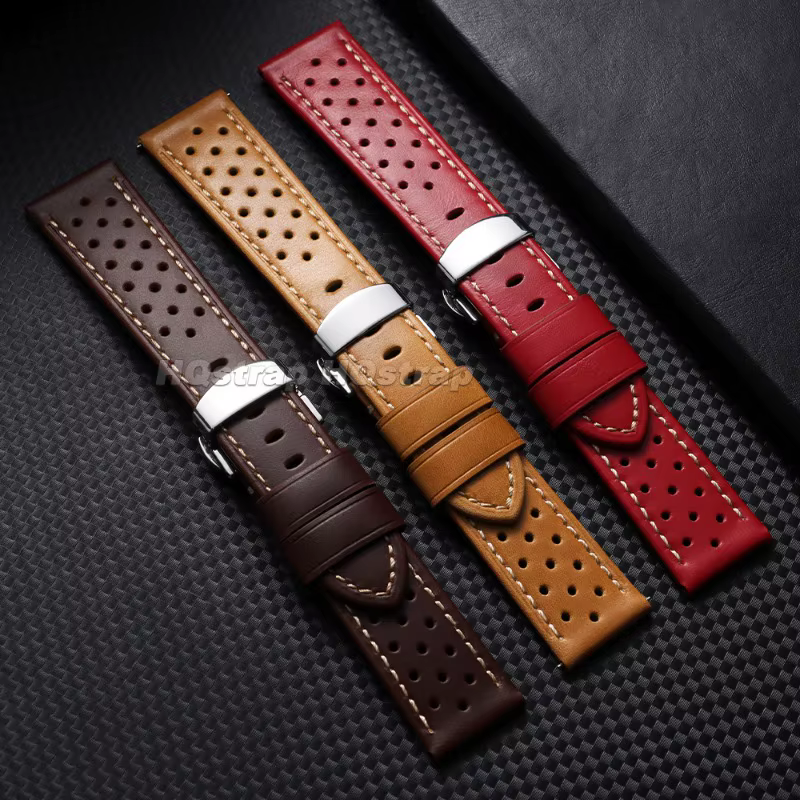 Bracelet de montre vintage 18mm 20mm 22mm en cuir perforé respirant style course avec fermoir papillon pour Rolex
