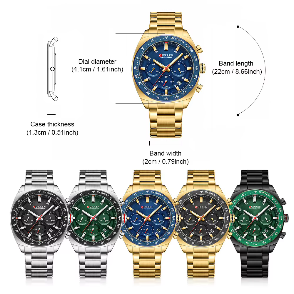NOUVEAU CURREN 8497 Montre Chronographe Homme Bracelet Acier Inoxydable Aiguilles Lumineuses Date Étanche Quartz Relógio