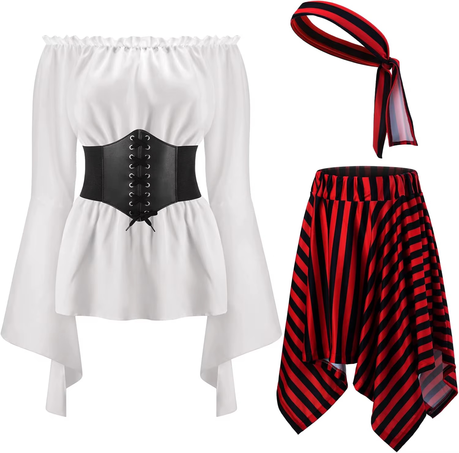 Costume de pirate pour femme pour Halloween, chemisier de pirate Renaissance, corset, ceinture, jupe de pirate pour fête d'Halloween, 4 pièces