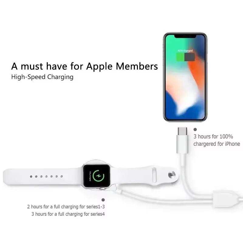Câble USB C 3 en 2 pour chargeur Apple Watch