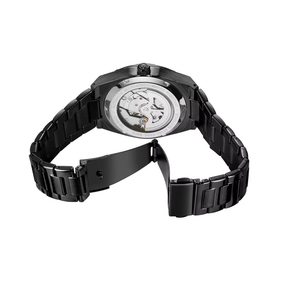 Nouveau noir hommes d'affaires Style classique décontracté automatique auto-vent montre mécanique bracelet en acier inoxydable grand cadran analogique calendrier
