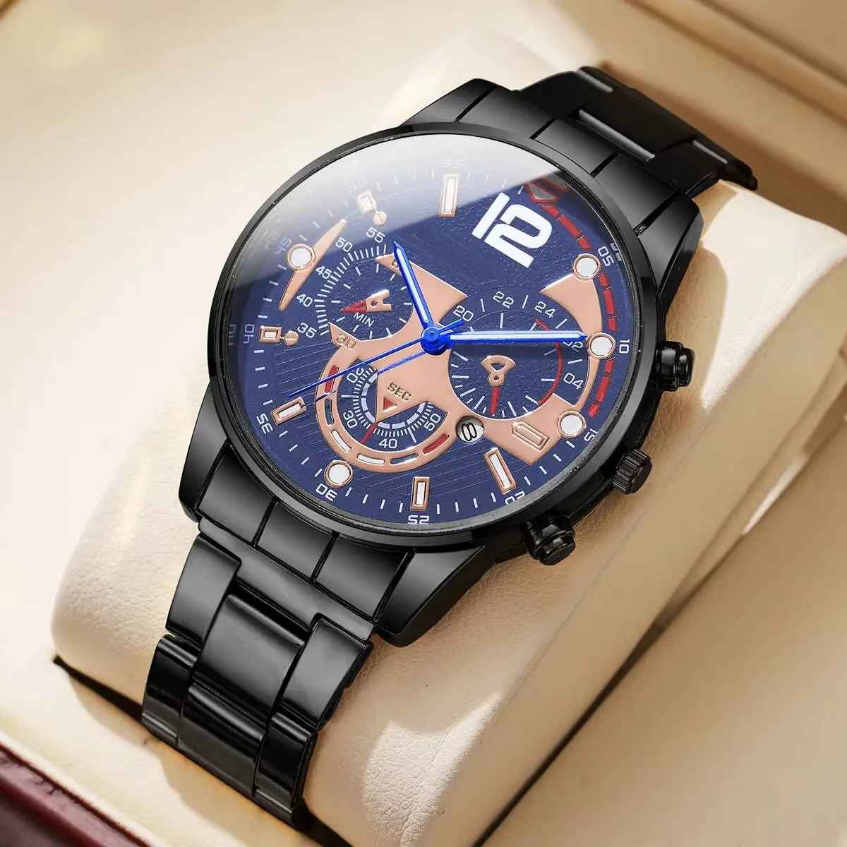 Montre-bracelet analogique à quartz avec calendrier pour homme