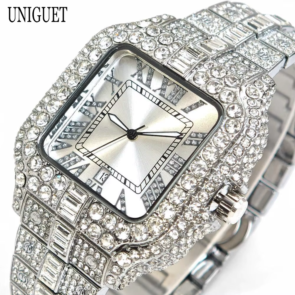 UNIGUET montre carrée pour hommes mode glacé montres à Quartz homme Hip Hop diamant bijoux montre-bracelet Rock garçon Reloj Hombre