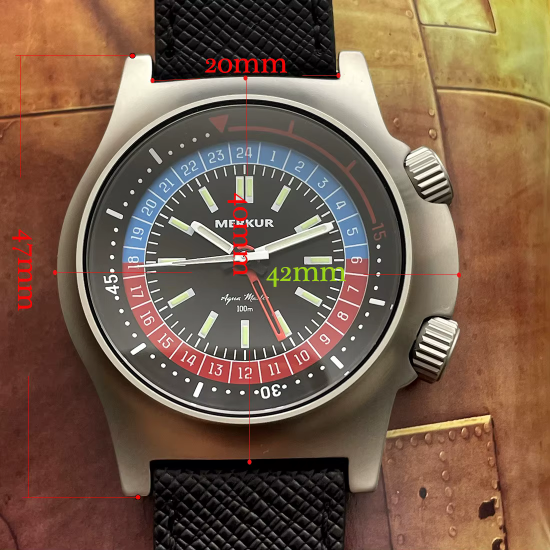 Nouveau Merkur double couronne pilote peau montre de plongée 100m rétro manuel montres mécaniques pour hommes