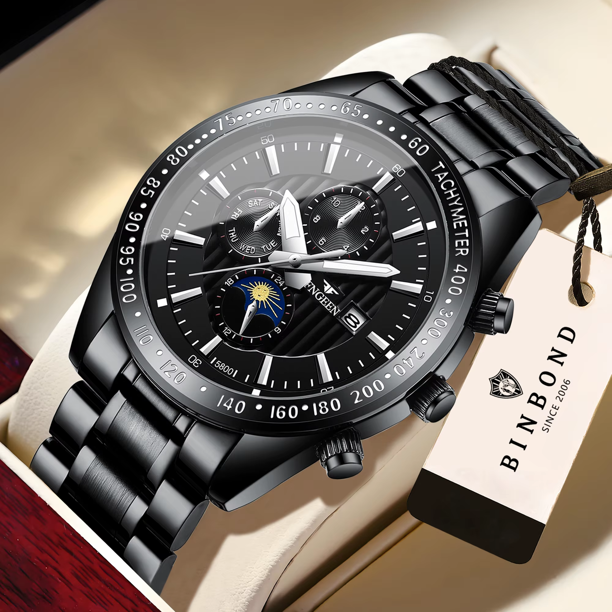 Montres-bracelets en quartz authentiques BINBOND pour hommes