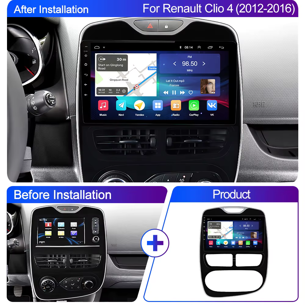 Pour Renault Clio 4 2012-2016 Autoradio multimédia Carplay Android 16 Auto WIFI GPS Navigation DSP Stéréo Autoraido 360 °   caméra