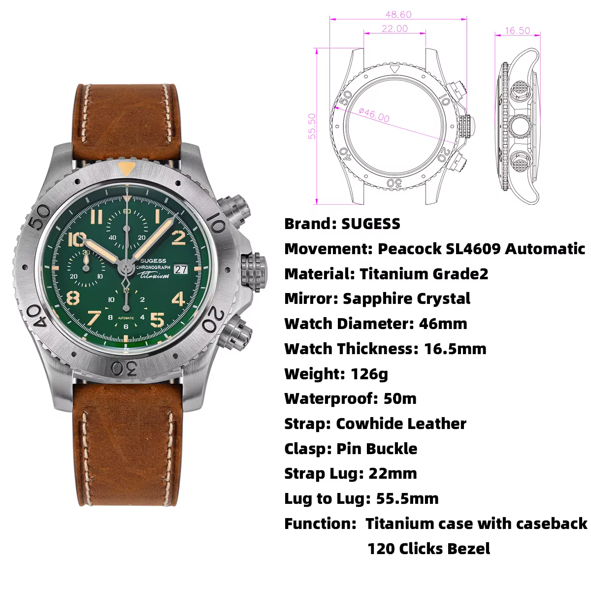 Sugess – montre chronographe en titane pour hommes