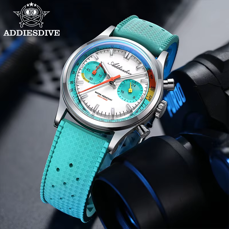 ADDIESDIVE TOP 38mm chronographe montre VK64 10Bar étanche BGW9 Super lumineux fluorocarbone caoutchouc Quartz