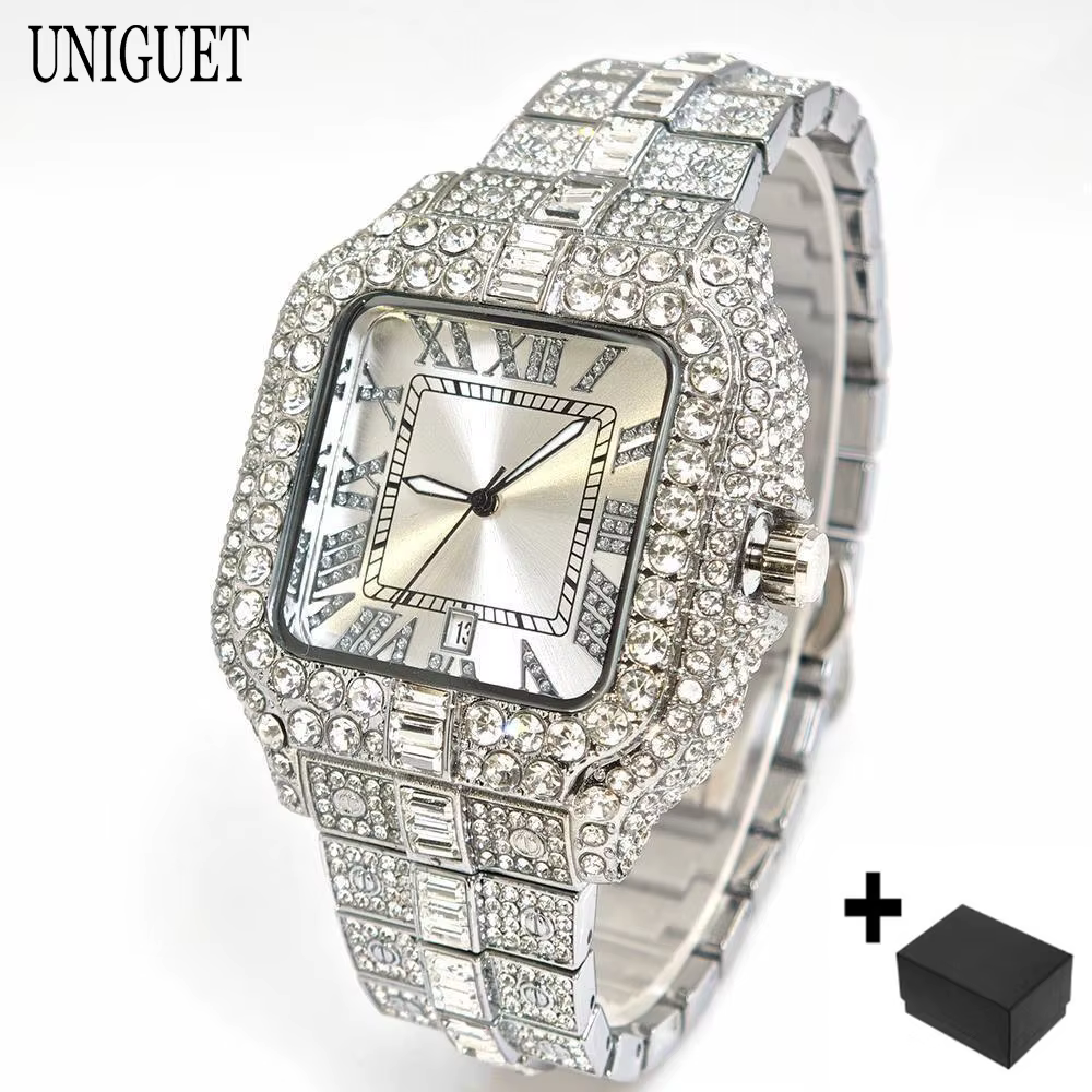 UNIGUET montre carrée pour hommes mode glacé montres à Quartz homme Hip Hop diamant bijoux montre-bracelet Rock garçon Reloj Hombre