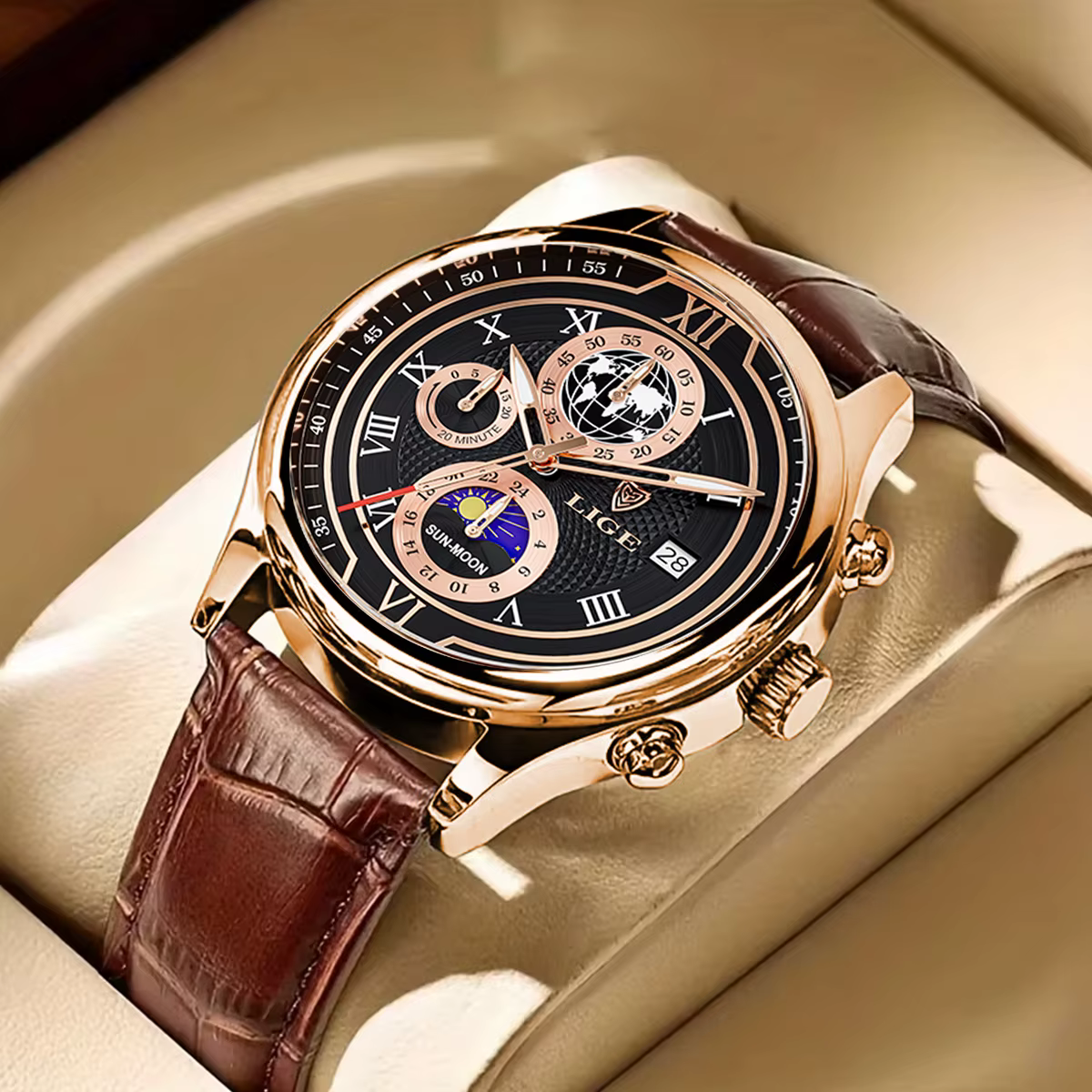Nouvelles Montres Hommes 2026 LIGE Marque Haut de Gamme Cuir Chronographe Étanche Sport Automatique Date Quartz