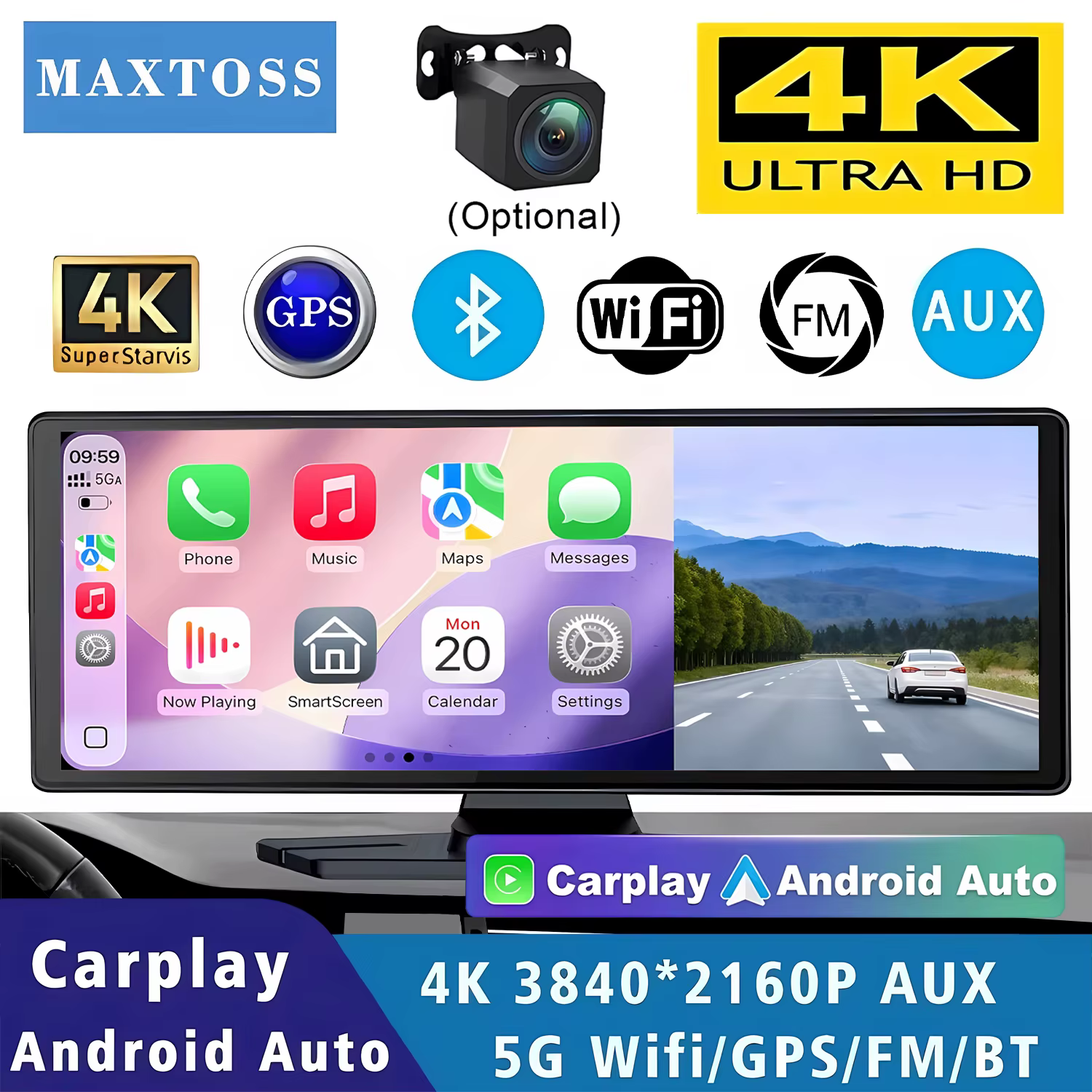 Caméra embarquée 4K 2160P avec Carplay, Android Auto, GPS, WIFI 5G, FM, BT, double objectif, caméra de tableau de bord, caméra de camion, enregistreur de conduite