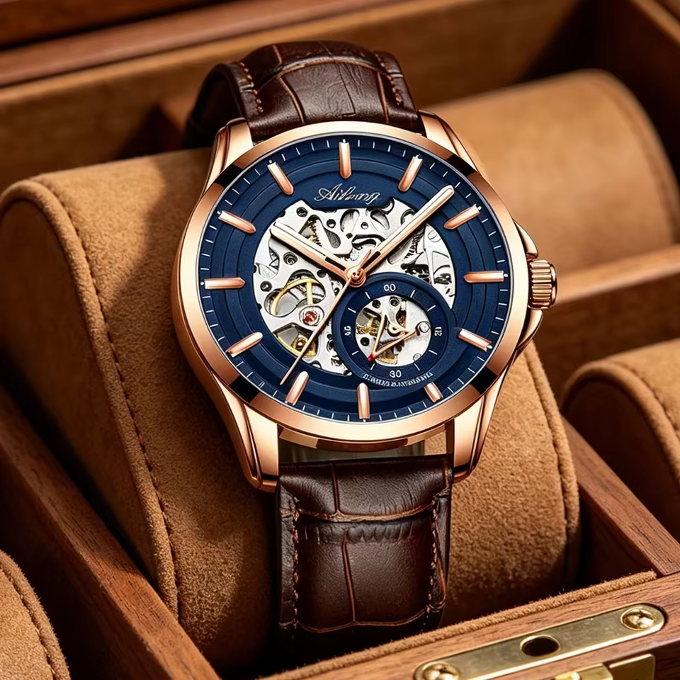 Montre Homme Automatique Mécanique AILANG Haut de Gamme en Acier Inoxydable Lumineuse Luxe Affaires Squelette Transparent