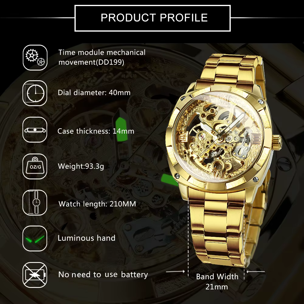 Forsining – montre mécanique squelette carré pour hommes