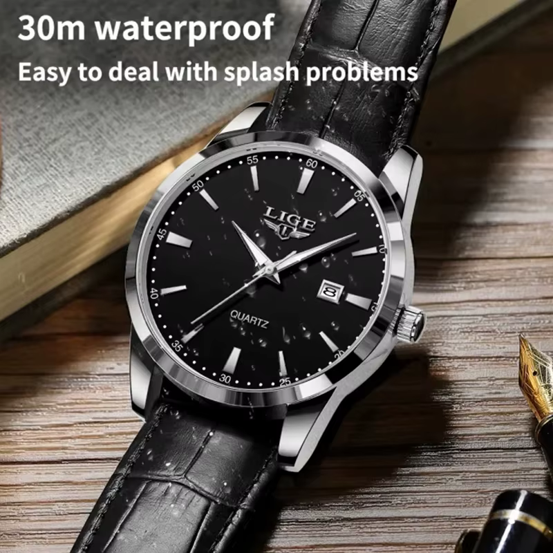 Relogios Masculino LIGE Top marque de luxe montre en cuir noir pour hommes mode militaire sport étanche montre-bracelet