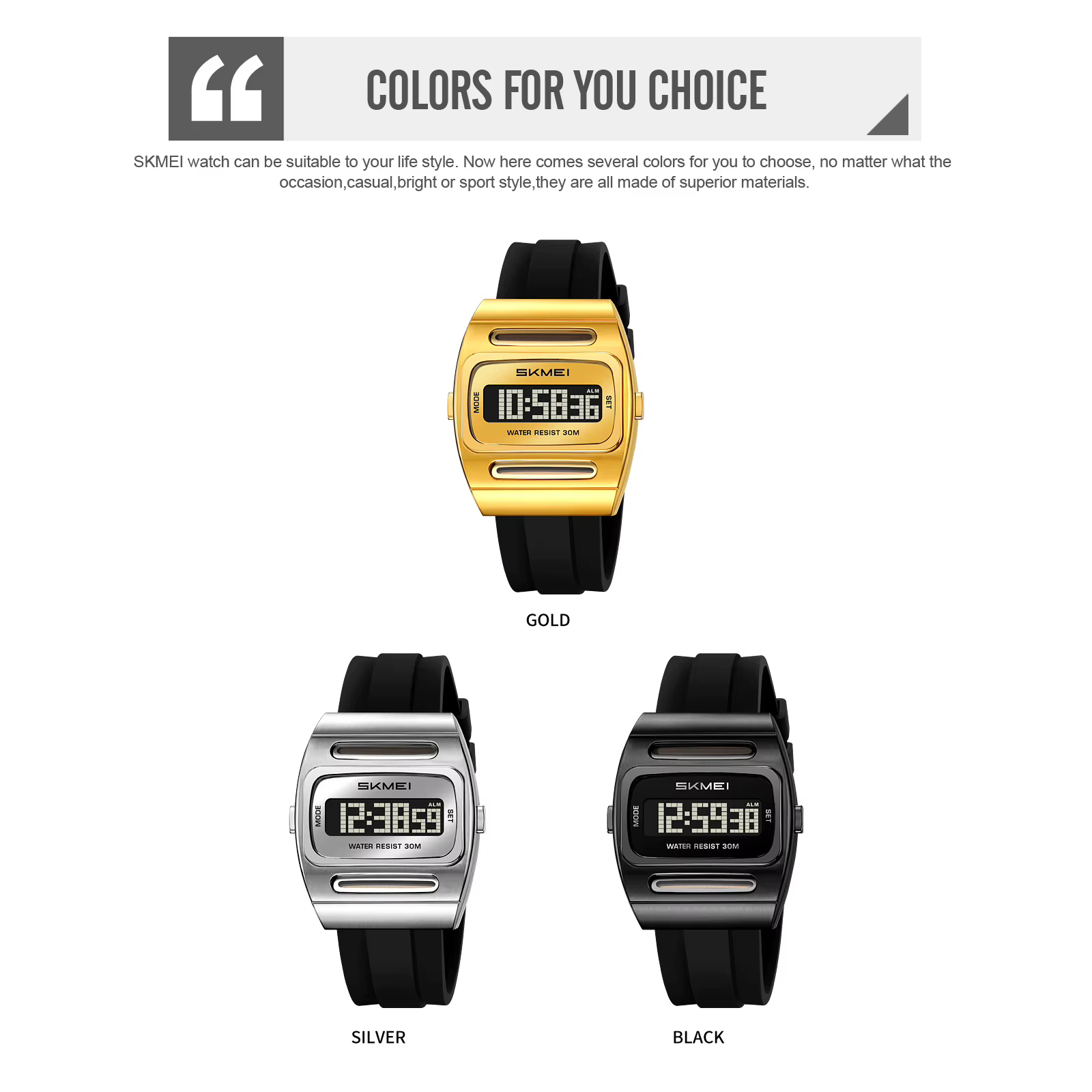 Montre numérique à énergie solaire pour homme SKMEI – Boîtier carré doré rétro