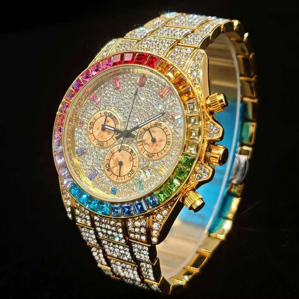 Vente chaude mode montre en or pour hommes marque UNIGUET Hip Hop arc-en-ciel diamant brillant bijoux Quartz montre-bracelet mâle livraison directe