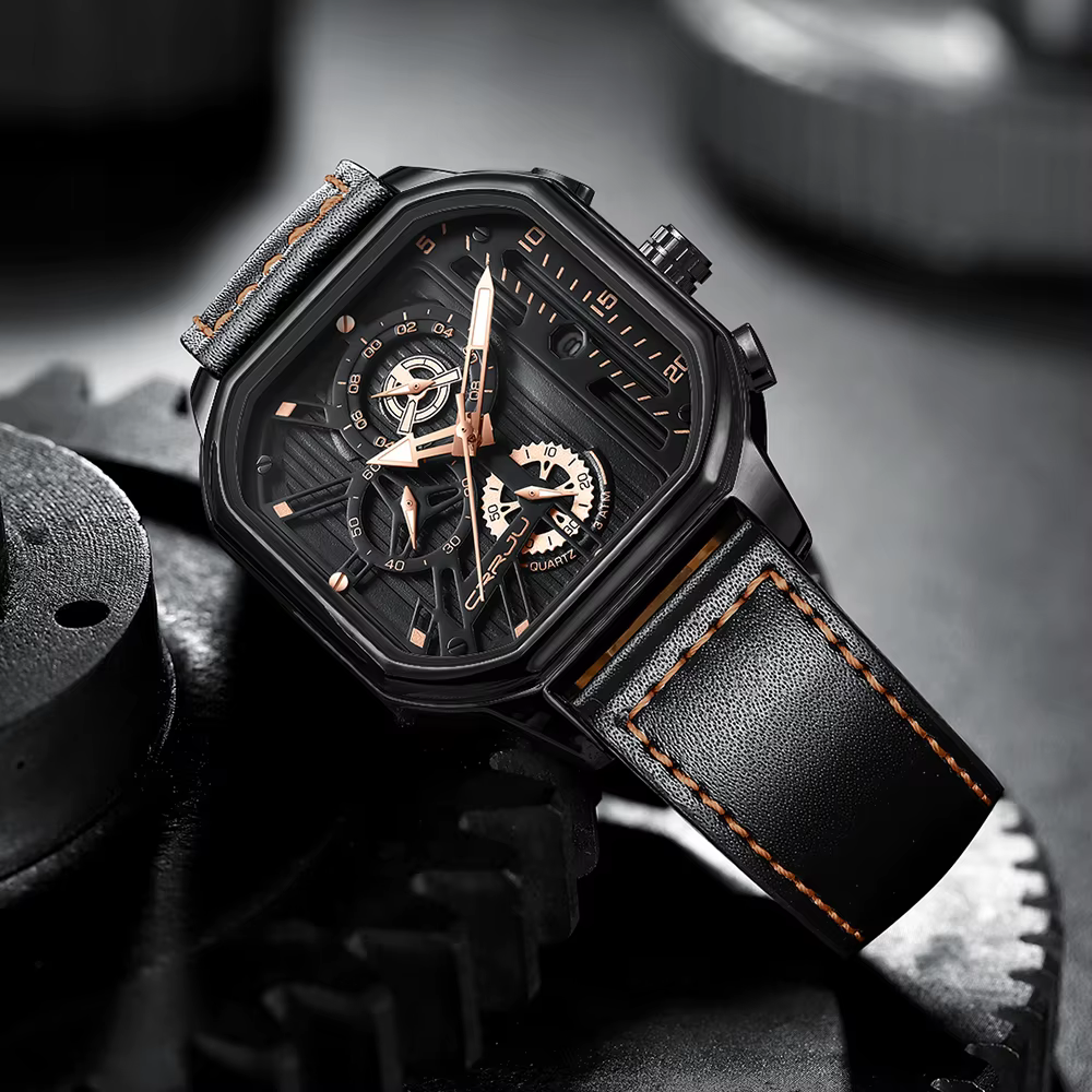 CRRJU mode cadran carré en cuir hommes montres de luxe Sport montre étanche Homme chronographe Quartz