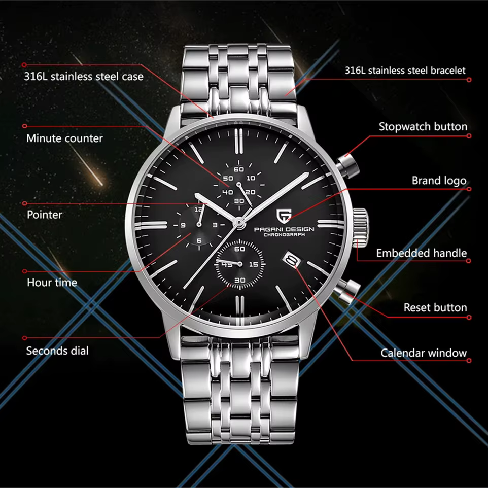 Pagani Design montre chronographe homme japon VK67 Movt étanche multifonctionnel affaires sport