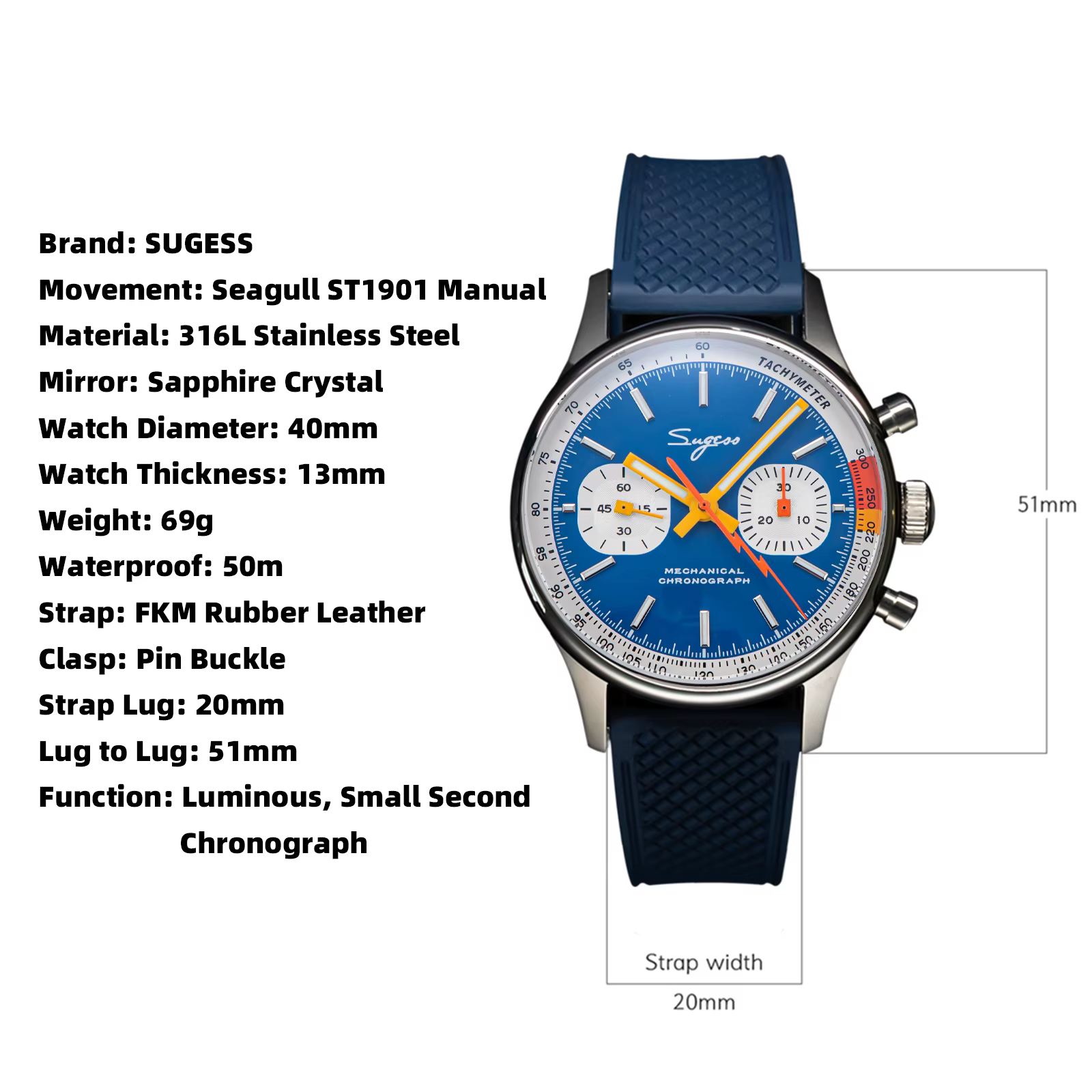 Sugess montre pilote avec mouvement mouette montre-bracelet à col de cygne chronographe mécanique saphir cristal militaire course limitée 1963