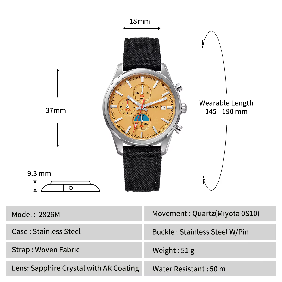 BERNY – montre chronographe à Quartz pour hommes