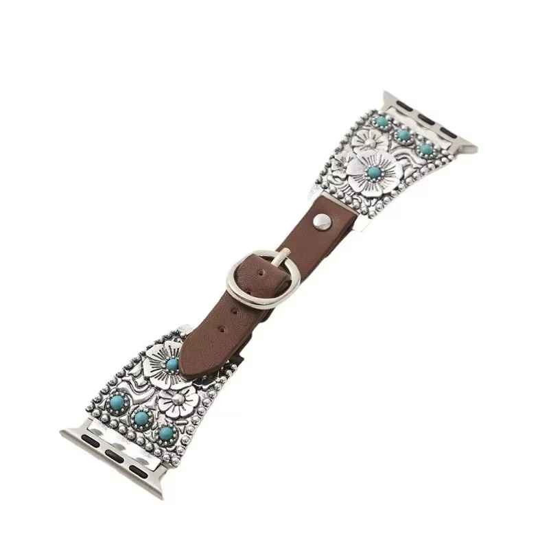 Bracelet en cuir et métal turquoise de qualité supérieure pour Apple Watch