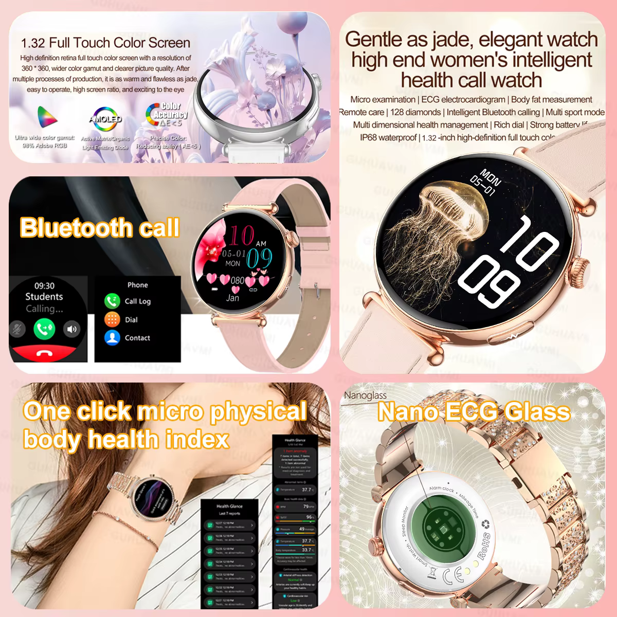Femmes Smartwatch 1.32 pouces AMOLED écran appel ECG Sport montre pression artérielle Micro examen physique AI cadran