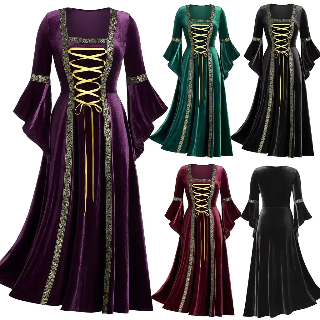 Robe d'halloween pour femmes, Costumes pour femmes, manches longues, Cosplay médiéval, Vintage, Vampire, sorcière, victorienne, gothique, robe à bandes