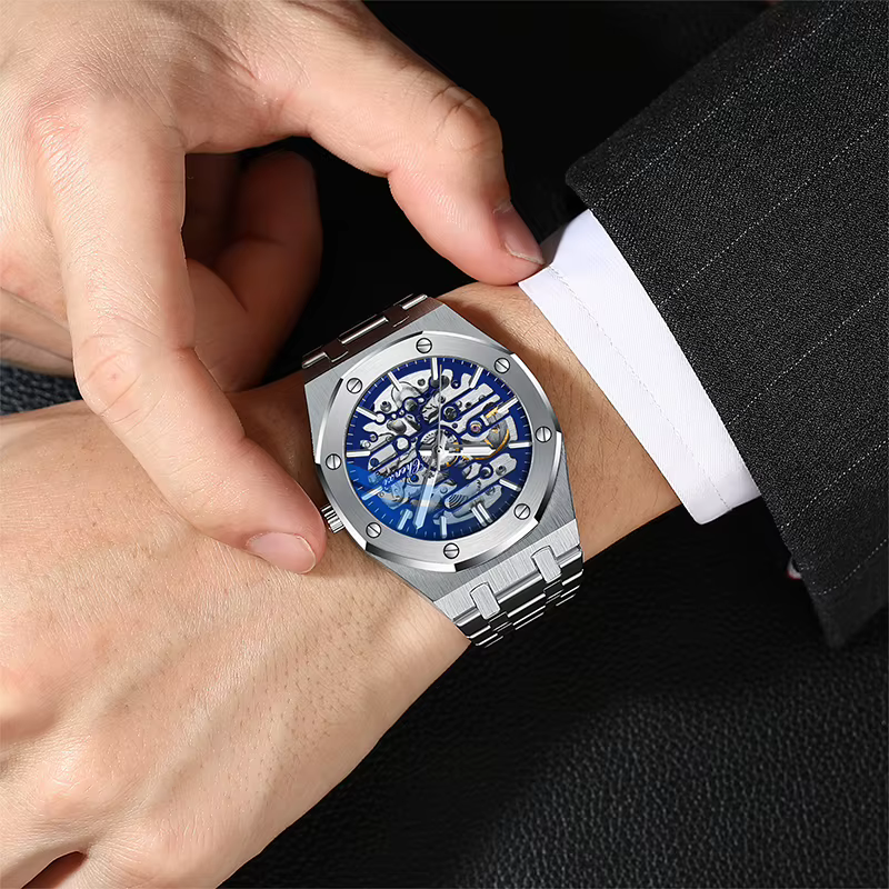 CHENXI haut de gamme évider entièrement automatique montres mécaniques pour hommes argent noir bracelet en acier inoxydable montre pour homme 2025