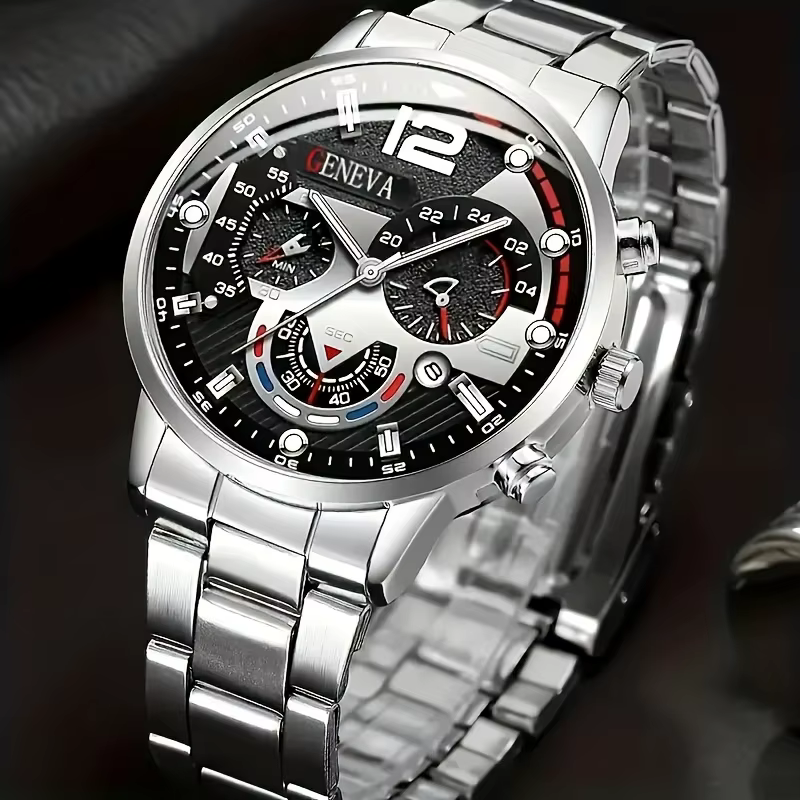 Ensemble de montre à quartz pour hommes 8 pièces, avec un cadran circulaire noir, un bracelet, un collier et une bague