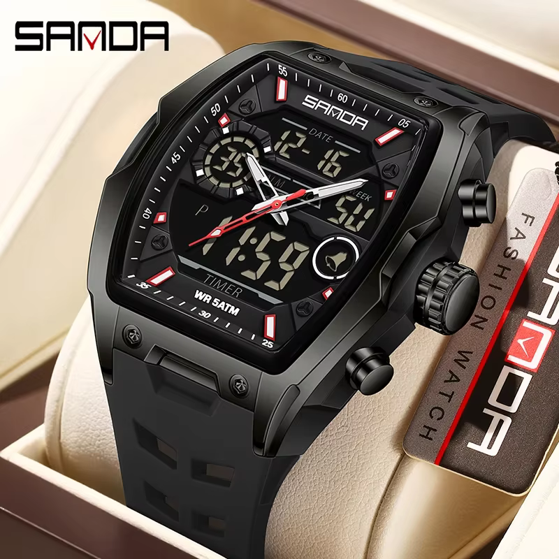 SANDA hommes double affichage montre électronique grand cadran sport LED analogique numérique chronographe militaire homme montre-bracelet relogio masculino