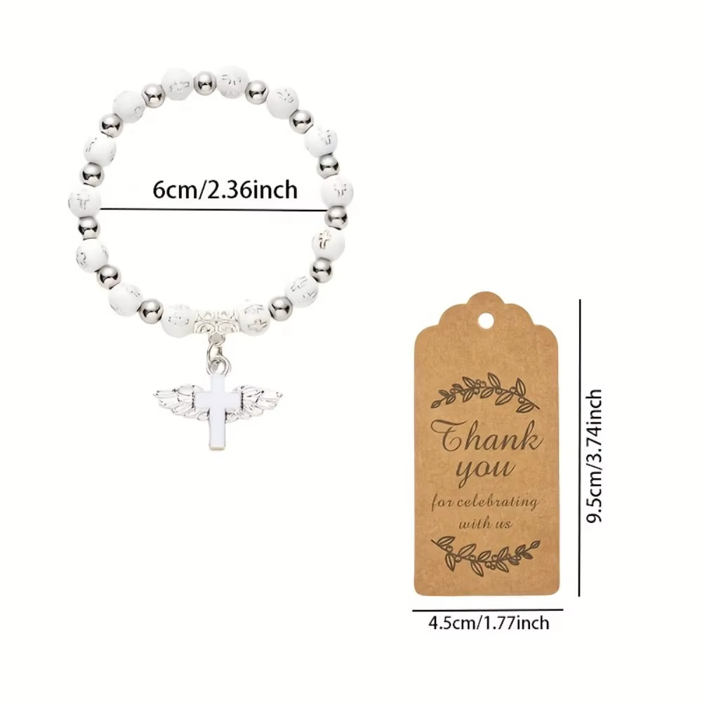6/12 ensembles de bracelets de baptême en gros, bracelets perlés avec ailes d'ange et croix, avec étiquettes de remerciement et sacs en organza