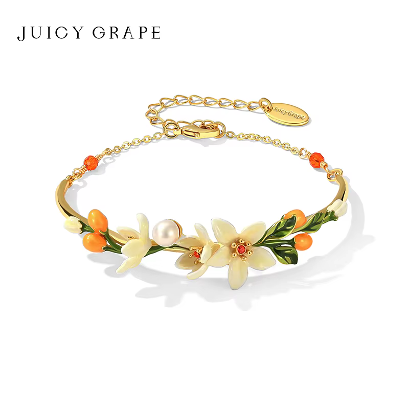 Bracelet en émail fleuri pour femme, plaqué or 18 carats, avec fleur d'oranger blanche et petit kumquat, idéal pour les fiançailles et les cadeaux de Noël