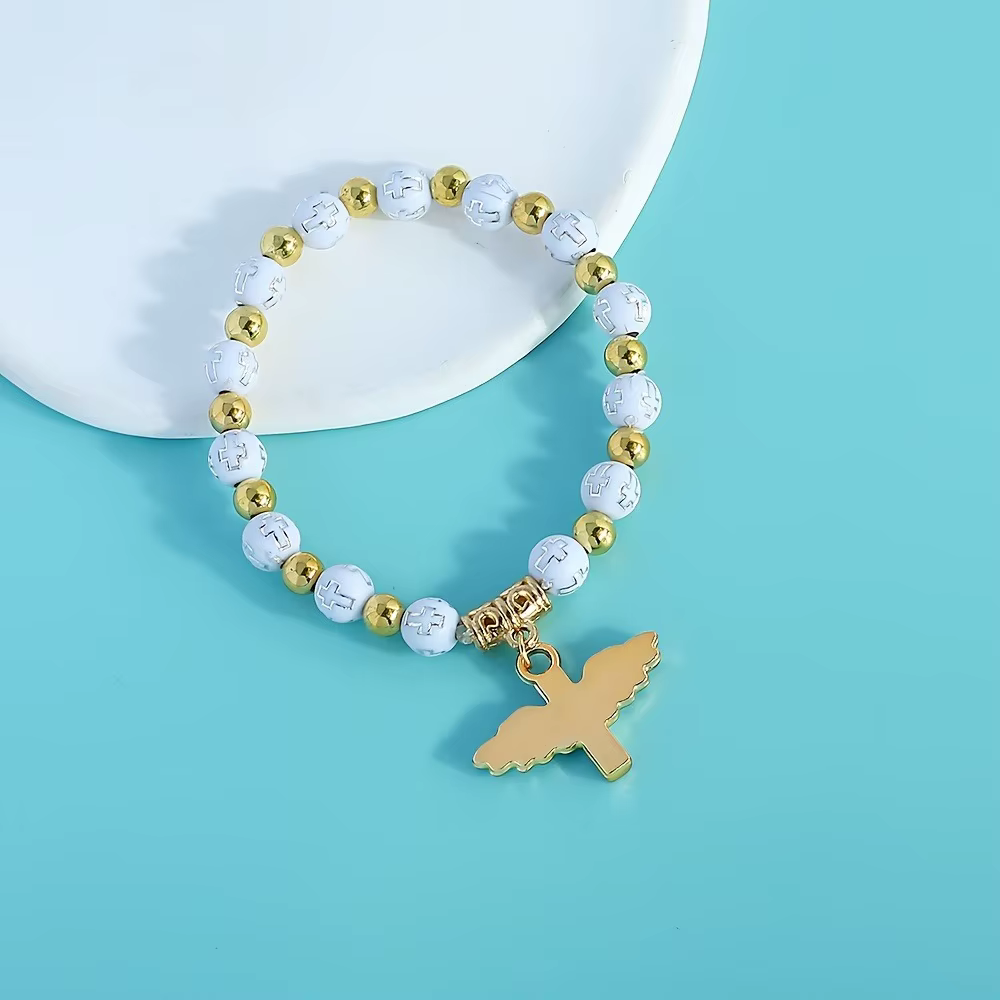 6/12 ensembles de bracelets de baptême en gros, bracelets perlés avec ailes d'ange et croix, avec étiquettes de remerciement et sacs en organza