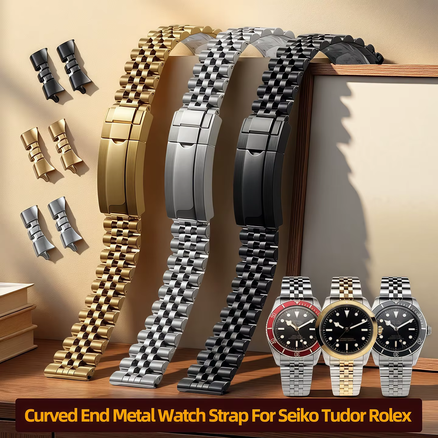 Bracelet en acier inoxydable Jubilee à extrémités courbes de 20 mm et 22 mm pour Rolex GMT Seiko Tudor