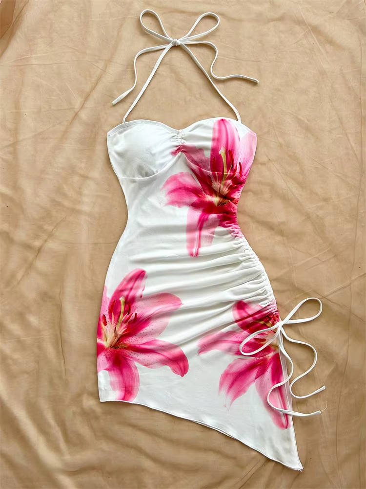 Robe à imprimé Floral pour femmes, vacances à la plage, ourlet asymétrique, col licou, nœud moulant, style Boho, robes courtes, Streetwear, 2025