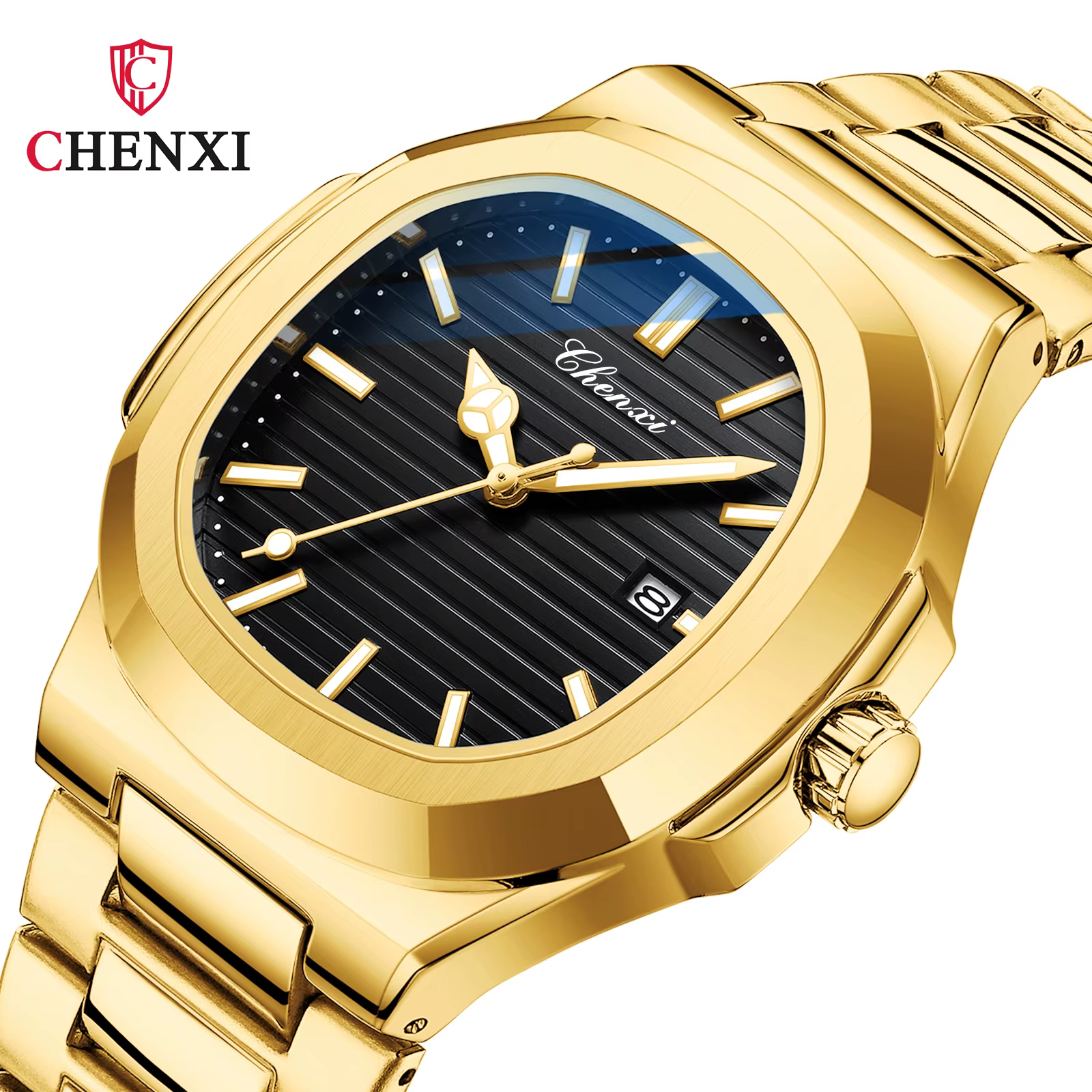 Montre étanche en acier inoxydable doré pour homme