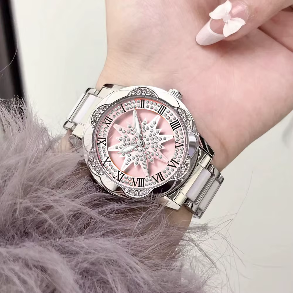 Montre pour femme de luxe avec cadran rotatif orné de diamants, étanche, élégante, haut de gamme, ronde, pour femme