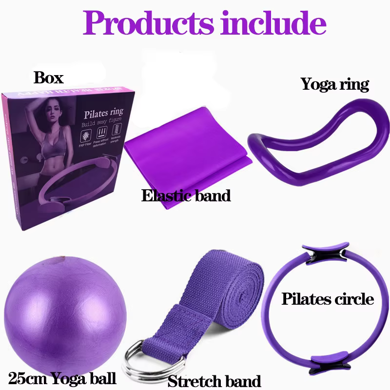 Kit de Démarrage de Yoga, Ensemble de 6 Pièces, Cercle Pilates, Anneau de Yoga, Ceinture en Latex, Serviette avec Bande artificiel astique de 25cm