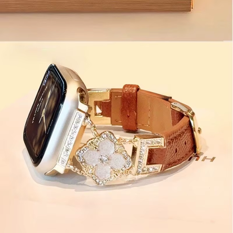 Feeling d'or cinq fleurs en cuir véritable compatible avec le bracelet iWatch 38mm 40mm 41mm 42mm 44mm 45mm 49mm