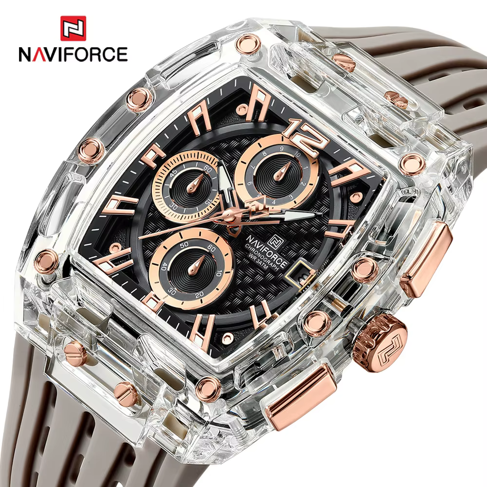 NAVIFORCE 2025 nouveau Design Transparent Tonneau montre hommes Quartz homme montres étanche luxe Sport porte