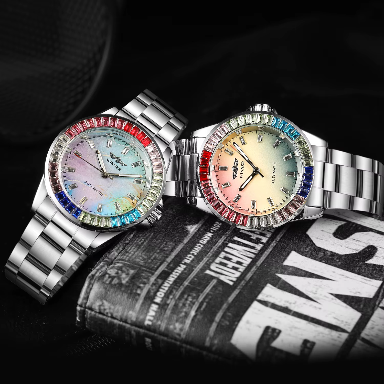 2024WINNER Original diamants colorés mécanique étanche montre pour hommes mouvement automatique en acier inoxydable montres de luxe