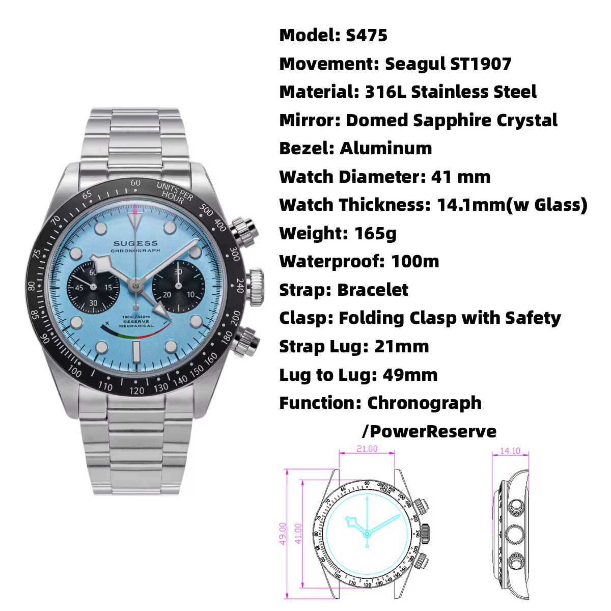 Montre chronographe pour homme Sugess ST1907