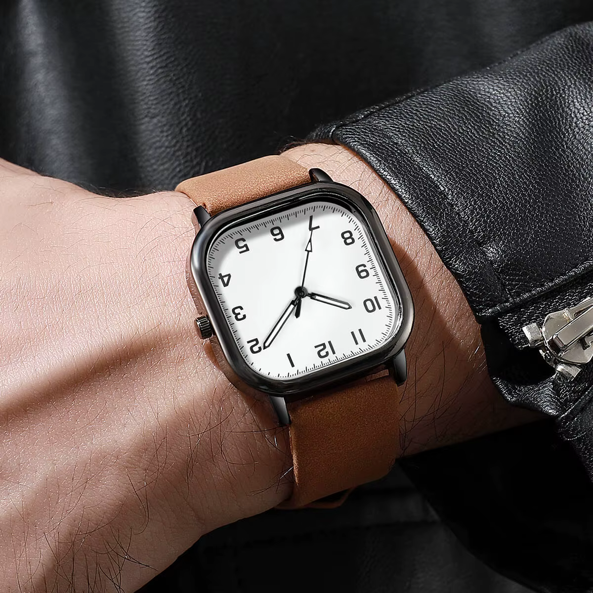 Mode hommes montres d'affaires Simple carré arabe montre à Quartz bracelet en cuir